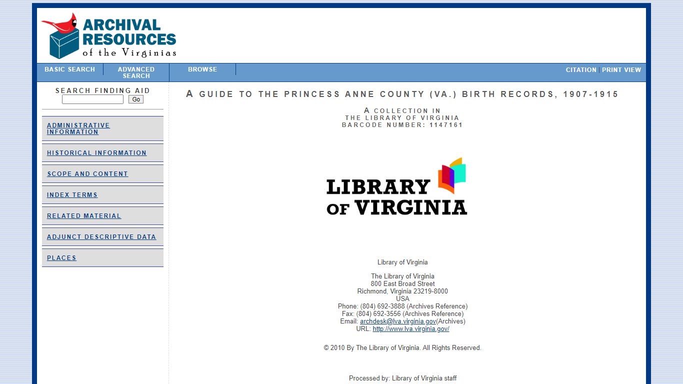 A Guide to the Princess Anne County (Va.) Birth Records, 1907-1915 ...